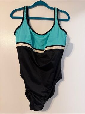 Miraclesuit Black and Aqua One-Piece Swimsuit with Cream Trim size 16